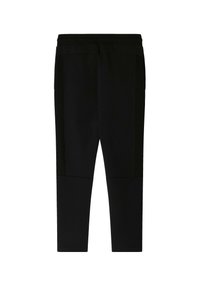 Schwarze Jogginghose mit schmaler Passform. Aus weichem Material gefertigt, mit seitlichen Einsätzen und einem schmal zulaufenden Bein Design. Keine sichtbaren Metallteile oder Muster.