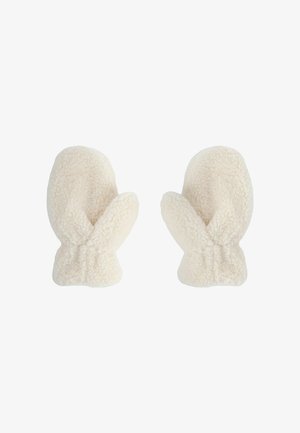 Krémové fleecové rukavice s měkkým, texturovaným povrchem a přiléhavým manžetou na zápěstí pro teplo a pohodlí.