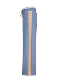 Hellblaue Sweatpants mit einem beigen Seitenstreifen, aus weichem Stoff gefertigt. Verfügt über einen elastischen Bund und eine Seitentasche.