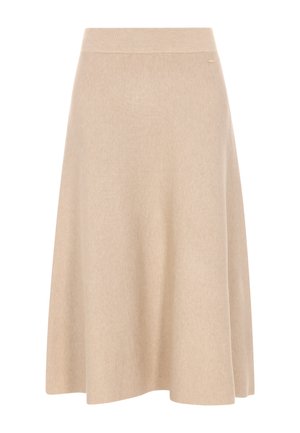 Beżowa spódnica do kolan z prążkowanym pasem, wykonana z miękkiej, teksturowanej tkaniny; ma rozkloszowany krój i subtelne detale ściegów.