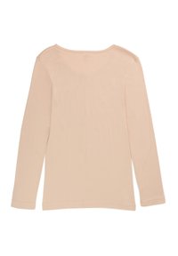 Długo rękawowy top w kolorze brzoskwiniowym, wykonany z miękkiego materiału, z okrągłym dekoltem i prostym dołem, z minimalnymi detalami przeszycia.