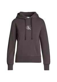 Felpa con cappuccio grigio scuro realizzata in material morbido, dotata di cappuccio con cordino, polsini a coste e un piccolo logo CK sul petto.
