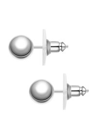 Silverfärgade runda studörhängen med en slät yta, utrustade med en pinstift och genomskinlig baksida för säker användning. Minimalistisk design.
