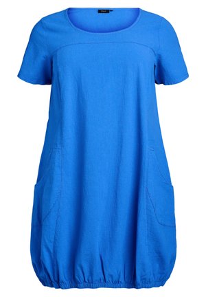 Abito blu a maniche corte con scollatura rotonda, due tasche laterali e orlo arricciato. Realizzato in tessuto leggero con una superficie liscia.