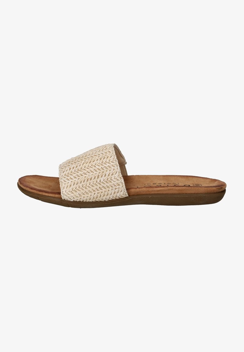 Sandales à glissière en paille tissée avec une large sangle texturée de couleur crème et un semelle intérieure douce de couleur marron, dotées d'une semelle extérieure basse et flexible.