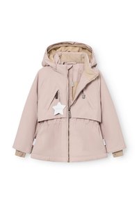 Veste à capuche rose clair avec fermeture éclair, taille élastique et doublure douce. Présente un tag en forme d'étoile et deux poches avant. Matériau lisse et résistant à l'eau.