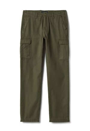 Olive green cargo pants with side flap pockets, front pockets, belt loops, button closure, and straight leg cut.