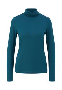 Türkisfarbener Rollkragenpullover aus elastischem Stoff, mit langen Ärmeln und einer körpernahen Silhouette. Glatte Textur ohne sichtbare Muster oder Akzente.