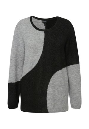 Grå og sort sweater med en blød tekstur, der har en rund halsudskæring og et abstrakt mønster i kontrastfarver. Lange ærmer medfølger.