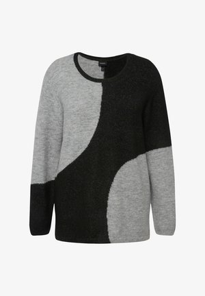 Maglione grigio e nero con una consistenza morbida, caratterizzato da un collo rotondo e un motivo astratto in colori a contrasto. Maniche lunghe incluse.