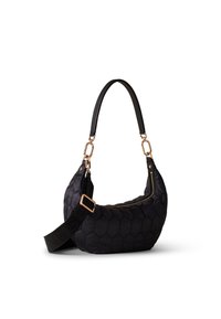 Black shoulder bag with hexagonal textured fabric, gold hardware accents, a curved shape, and a detachable strap for versatile carrying.