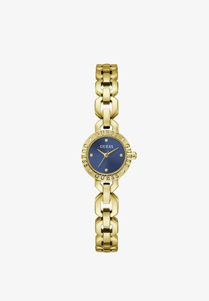Gold chain-link bracelet watch with a blue round dial, crystal accents, and "GUESS" engraved on the bezel.
