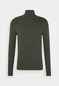 Dunkelgrüner langärmeliger Rollkragenpullover mit gerippten Bündchen und Saum auf einem weißen Hintergrund.