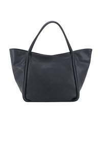 Black leather tote bag with a soft, textured surface, elongated shape, and durable double handles. Features a stitched outline for structure.