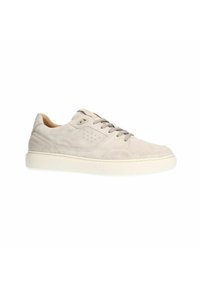Light grey suede sneakers with a textured rubber sole, flat laces, and perforated accents on the outer sides for breathability.