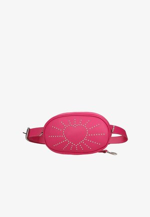 Fanny pack in bright pink synthetic material with a heart and sunburst studded design, rounded shape, and adjustable strap.