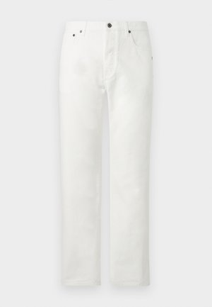 White straight-leg jeans with front pockets, belt loops, button closure, and a classic five-pocket design.