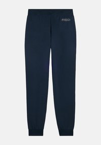Joggers navy en tissu doux, avec une taille et des poignets côtelés. Logo "FREDDY" de couleur contrastante sur la hanche gauche.