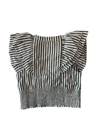 Top a righe bianche e nere con maniche a volant e tessuto arricciato all'orlo, con strisce alternate spesse e sottili.