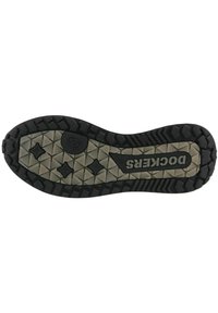 Black rubber outsole with a textured pattern, featuring star shapes and a logo. Contrast color midsole in light gray, curved heel design.