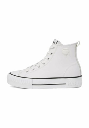 White high-top sneaker with black trim, lace-up front, embossed logo on the side, and a pull tab at the back of the ankle collar.