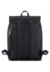 Schwarzer Leder-Rucksack mit strukturiertem Design, Reißverschlusstasche an der Seite und zwei verstellbaren Schultergurten. Mit einem oberen Tragegriff.