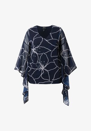 Donkerblauwe top met lange, luchtige mouwen, met een wit bloemmotief. Gemaakt van lichtgewicht, doorschijnende stof met een V-hals ontwerp.