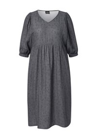 Abito grigio con scollatura a V, maniche corte a palloncino e vita arricciata. Il tessuto presenta un motivo sottile e una silhouette A-line rilassata.