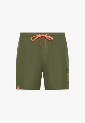 Pantaloni da bagno verdi realizzati in tessuto leggero, con cordino corallo, tasca cargo laterale e un discreto dettaglio del logo.