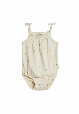Kremfarvet baby-onesie uden ærmer med små gule ananasprint, bindestropper, elastisk halsudskæring og trykknapper ved skridtet.