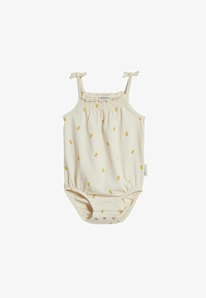 Kremfarvet baby-onesie uden ærmer med små gule ananasprint, bindestropper, elastisk halsudskæring og trykknapper ved skridtet.