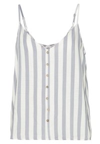 Randig tanktop i vitt och ljusgrått, med tunna axelband, V-ringning och knäppning fram. Lätt och luftig tygstruktur.