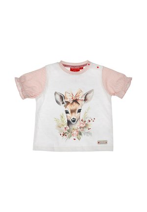 Weißes Kleinkind-Shirt mit rosa karierten Kurzärmeln, vorne mit einem Hirschgesicht mit rosa Schleife und Blumenkranz.