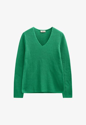 Grön stickad tröja med ribbad struktur, V-ringning och långa ärmar, designad för en avslappnad passform.
