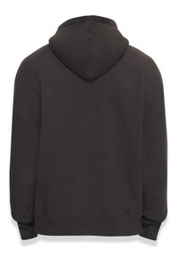 Dunkelgrauer Pullover-Hoodie mit großer Kapuze, entspannter Passform, gerippten Bündchen und Saum sowie glatter Textur. Kein sichtbares Logo oder grafische Designs.