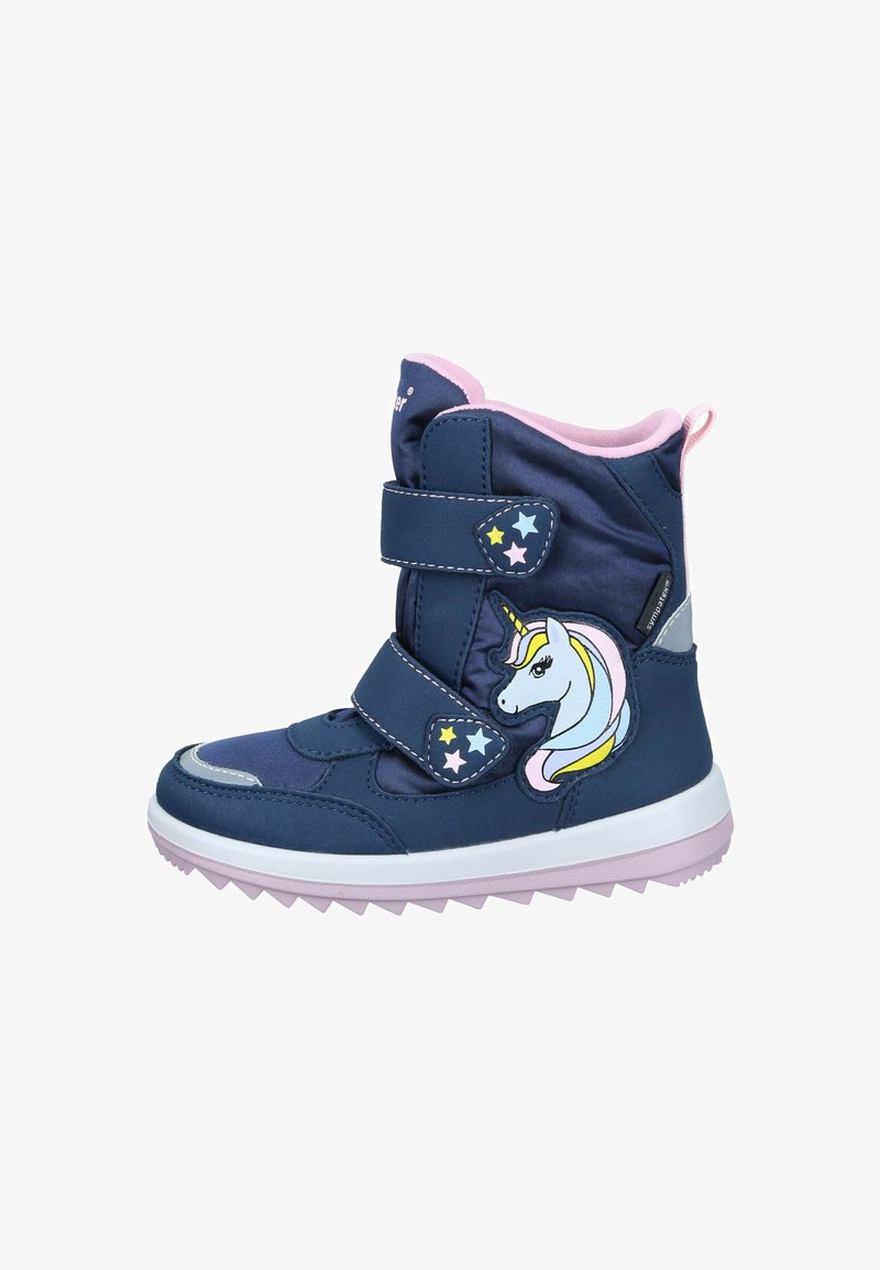 Navy blue children's boots with pink accents, velcro straps, a unicorn graphic, and textured rubber sole for traction.
