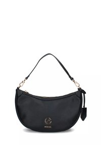 Borsa hobo in pelle nera con forma curvata, hardware in tono oro e chiusura con zip. Presenta un logo sul davanti e una tracolla removibile.