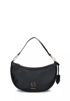 Borsa hobo in pelle nera con forma curvata, hardware in tono oro e chiusura con zip. Presenta un logo sul davanti e una tracolla removibile.