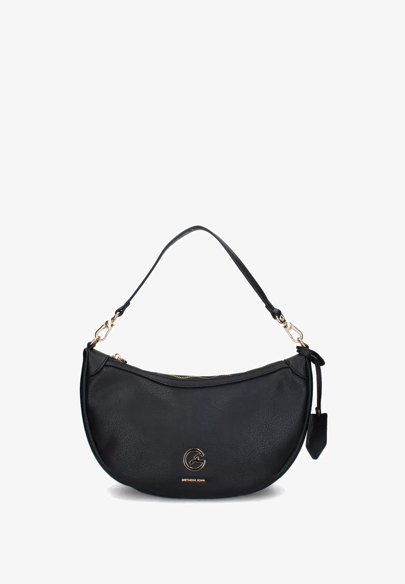 Borsa hobo in pelle nera con forma curvata, hardware in tono oro e chiusura con zip. Presenta un logo sul davanti e una tracolla removibile.