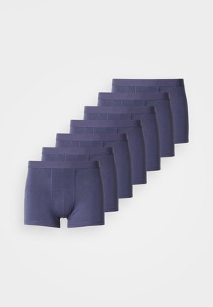 Marineblaue Baumwoll-Boxershorts mit elastischem Bund, schlichtem Design und glatter Textur, in einer Reihe angeordnet. Acht Stück im Pack.