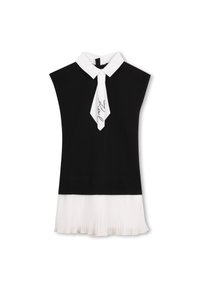 Top negru fără mâneci cu guler de cămașă alb și cravată asortată, având fustă plisată albă în zona tivului, cu textură netedă.