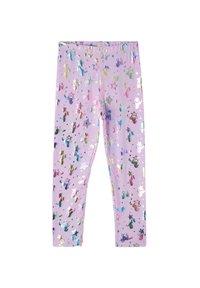 Leggings viola con un motivo di unicorni e stelle glitterati in vari colori, realizzati in tessuto elasticizzato con cintura elastica.