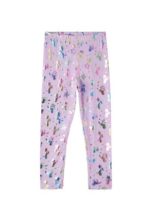 Leggings viola con un motivo di unicorni e stelle glitterati in vari colori, realizzati in tessuto elasticizzato con cintura elastica.