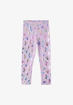 Leggings viola con un motivo di unicorni e stelle glitterati in vari colori, realizzati in tessuto elasticizzato con cintura elastica.