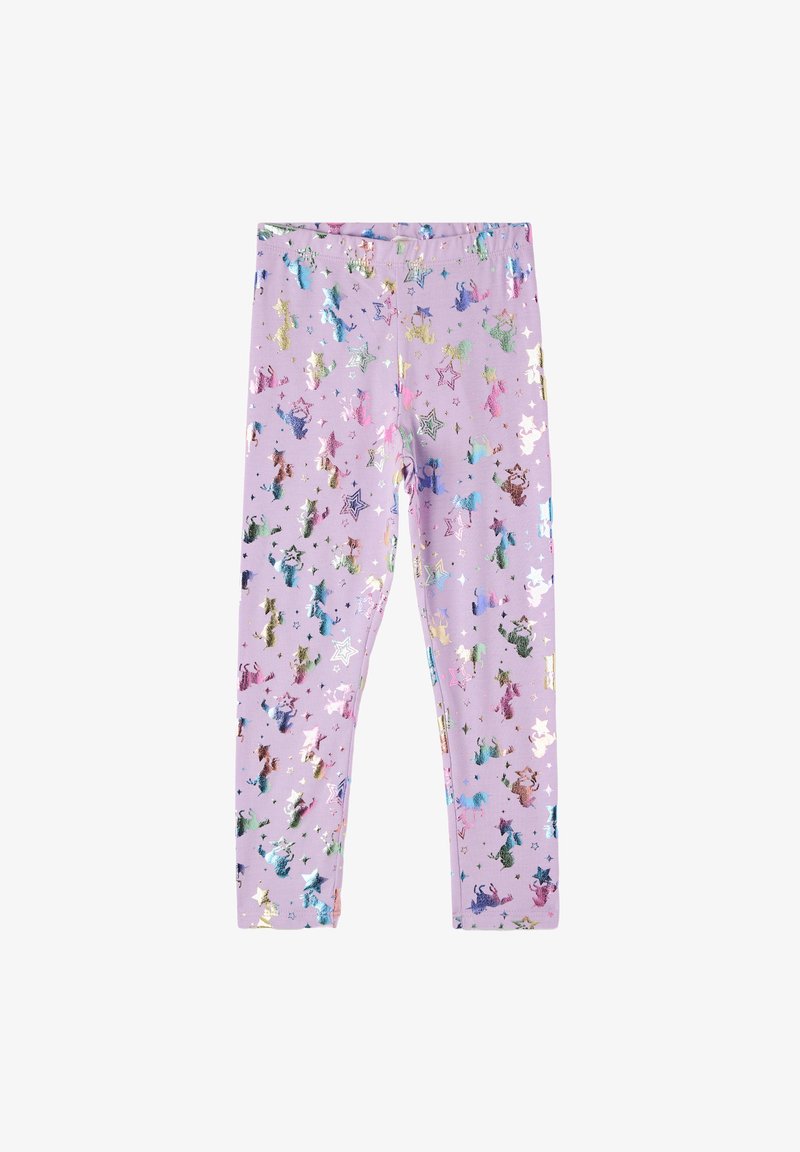 Fioletowe legginsy z brokatowym wzorem jednorożca i gwiazdek w różnych kolorach, wykonane z elastycznego materiału z elastanem w pasie.