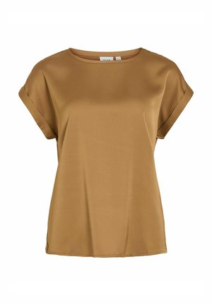 Brązowa bluzka krótki rękaw wykonana z gładkiego materiału, z okrągłym dekoltem i podwiniętymi rękawami, o luźnym kroju i minimalistycznym wzorze.