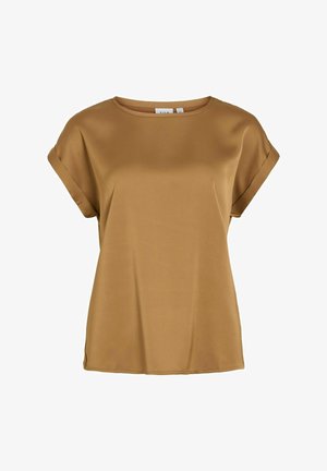 Brązowa bluzka krótki rękaw wykonana z gładkiego materiału, z okrągłym dekoltem i podwiniętymi rękawami, o luźnym kroju i minimalistycznym wzorze.