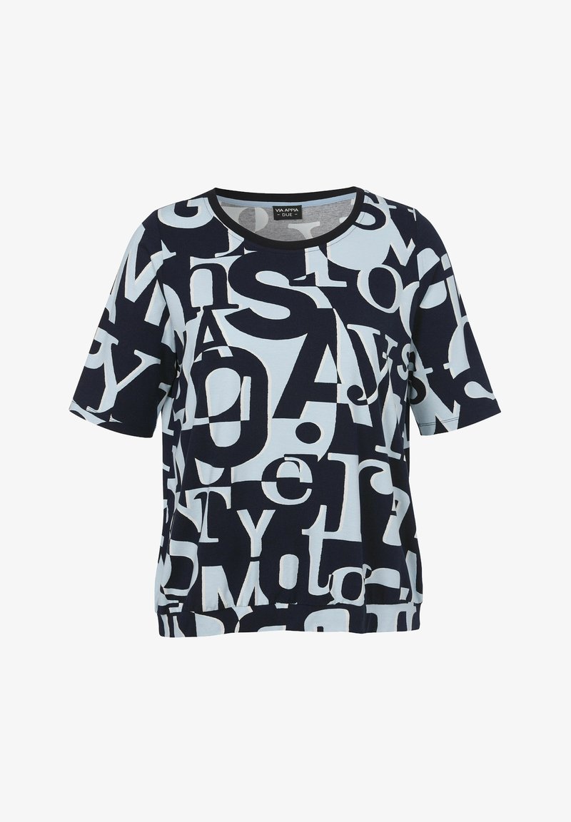 Short-sleeved top featuring a bold white and navy letter print on a light blue background, with a round neckline and relaxed fit.