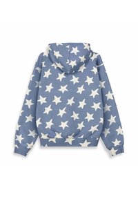 Sudadera azul con patrón de estrellas blancas, hecha de tela suave. Presenta una capucha con cordón, puños acanalados y dobladillo.