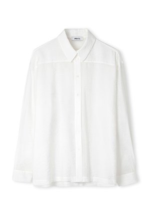 Weißes langärmeliges Hemd mit Knöpfen, einem klassischen Kragen und einem dezenten, strukturierten Muster, mit der Aufschrift IPEKYOL.